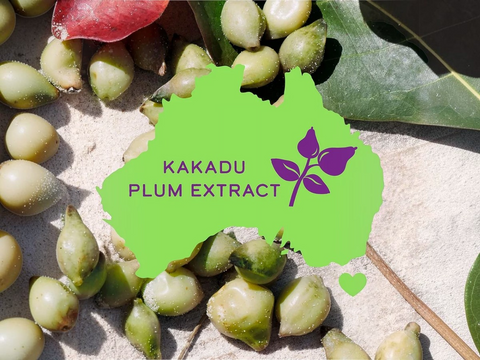 Kakadu plum extract with green label and purple leaf logo on a natural background