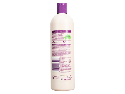 Bottle of shampoo with a purple label on a white background
