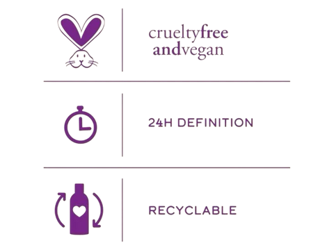 Icons and text indicating cruelty-free, vegan, 24-hour definition, and recyclable products on a white background.