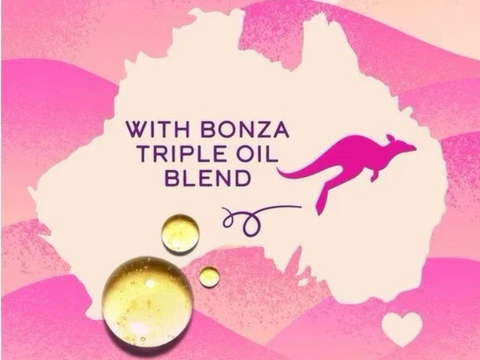 Product packaging with 'Bonza Triple Oil Blend' text and kangaroo illustration on a pink background.