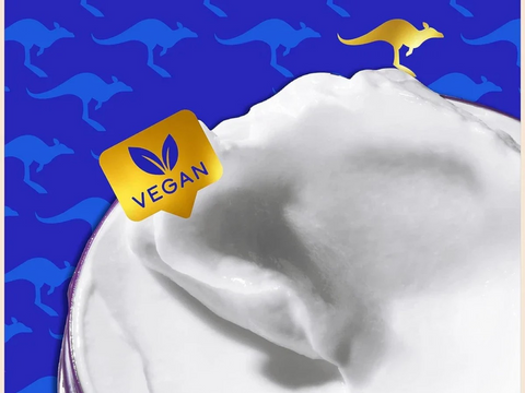 White product with a 'Vegan' label on a blue background with kangaroo patterns