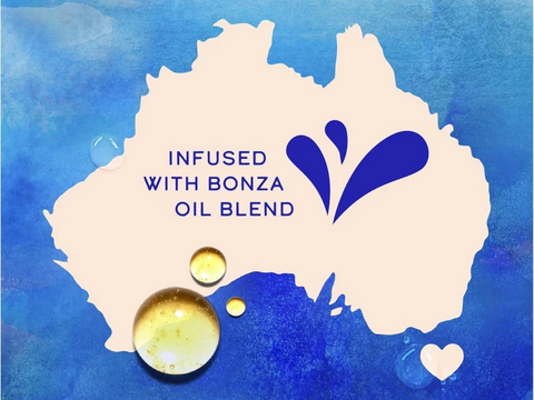 Map of Australia with 'Infused with Bonza Oil Blend' text on a blue background