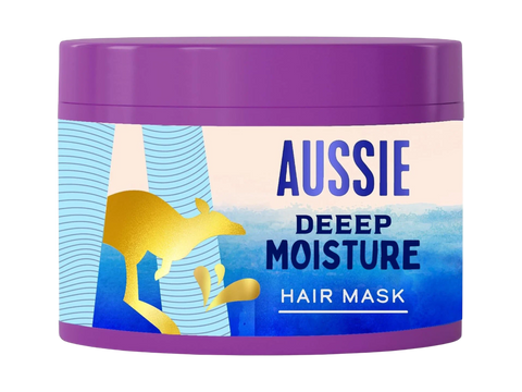 Aussie Deep Moisture hair mask jar with purple lid and label on a white background