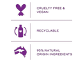 Icons and text indicating cruelty-free, vegan, recyclable, and natural ingredient claims on a white background.