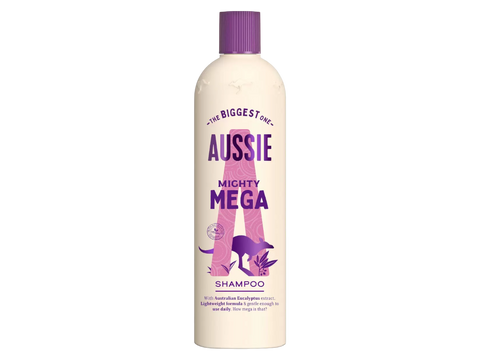 Aussie Mighty Mega shampoo bottle on a white background