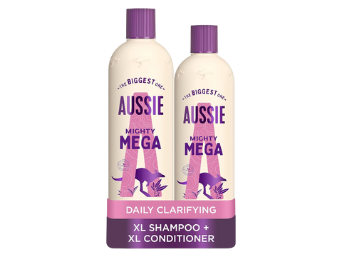 Two bottles of Aussie Mighty Mega Daily Clarifying XL Shampoo and Conditioner on a white background