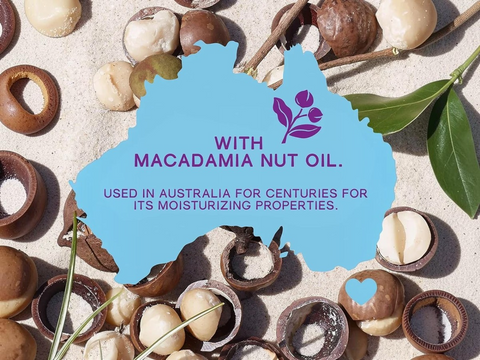 Macadamia nuts with a blue overlay and text about macadamia nut oil.