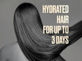 Person with long, styled hair against a gray background with text about hair hydration.