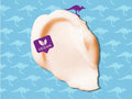 Ear with a 'Vegan' sticker on a blue background with kangaroo patterns