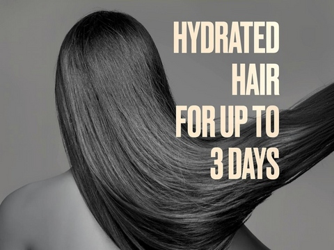 Person with long, styled hair against a gray background with text about hair hydration.