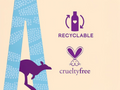 Recyclable and cruelty-free logos with a kangaroo illustration on a beige background