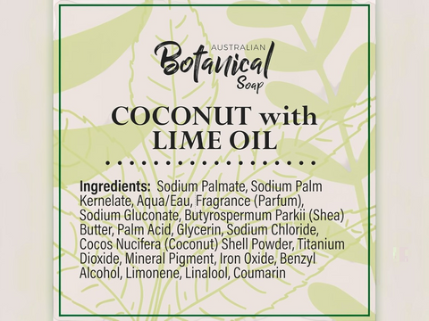 Label of Australian Botanical Soap with coconut and lime oil ingredients on a white background.
