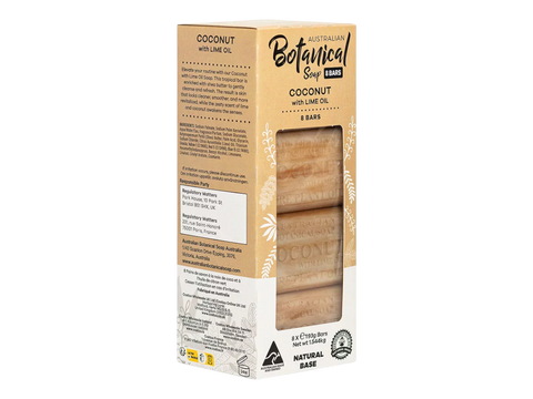 Box of Australian Botanicals coconut soap bars with lime oil on a white background