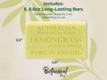 Australian Botanical Soap bar with lemongrass and lemon myrtle scent on a beige background with leaf designs.