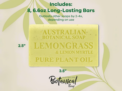 Australian Botanical Soap bar with lemongrass and lemon myrtle scent on a beige background with leaf designs.