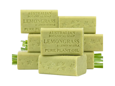 Stack of Australian Botanical Soap Lemongrass & Lemon Myrtle bars on a white background