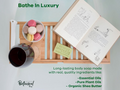 Relaxation scene with a book, mug, and bowl of macarons on a tray, with text about Botanical Soap.