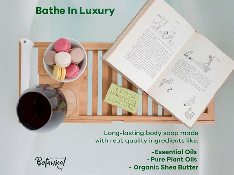 Relaxation scene with a book, mug, and bowl of macarons on a tray, with text about Botanical Soap.