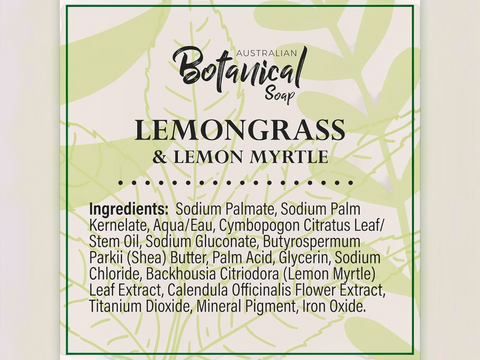 Australian Botanical Soap label for Lemongrass & Lemon Myrtle soap with ingredient list.