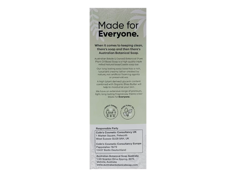 Australian Botanical Soap packaging with text on a white background