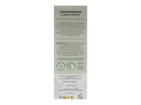 Product label with lemongrass and lemon myrtle ingredients on a white background