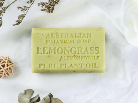 Bar of Australian Botanical Soap with lemongrass and lemon myrtle scent on a white background