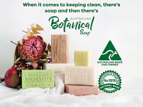 Australian Botanical Soap with decorative elements and branding on a white background