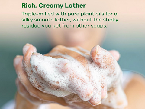 Hand with soapy foam and text about rich, creamy lather and plant oils.