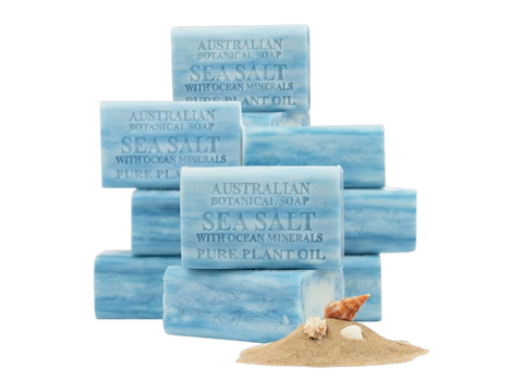 Stack of Australian Botanical Soap Sea Salt bars with ocean mineral text on a white background