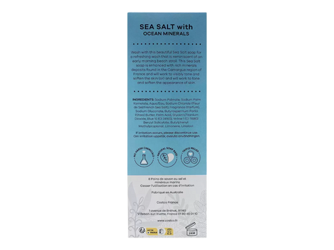 Product label for sea salt with ocean minerals on a white background