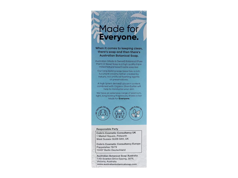 Blue soap packaging with text 'Made for Everyone' on a white background