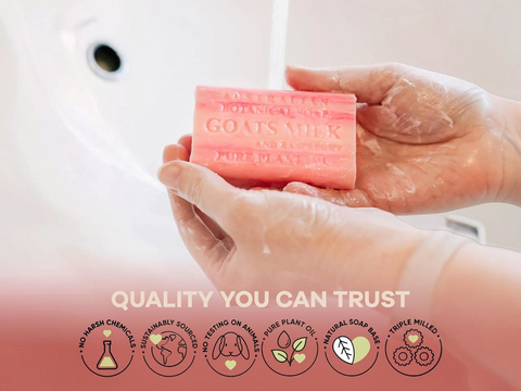 Person holding a bar of soap with 'Goats Milk' branding, against a blurred background.