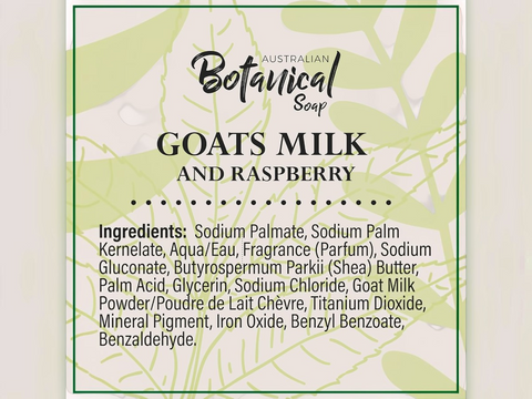 Label for Australian Botanical Soap with ingredients list on a leaf patterned background