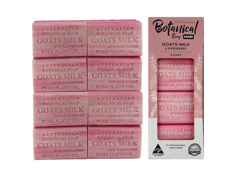 Pink Australian Botanical Soap bars with packaging on a white background