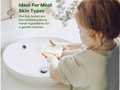 Child holding a bar of soap with text about skin-friendly soaps