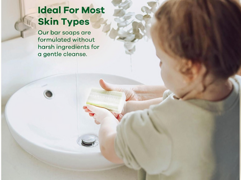 Child holding a bar of soap with text about skin-friendly soaps