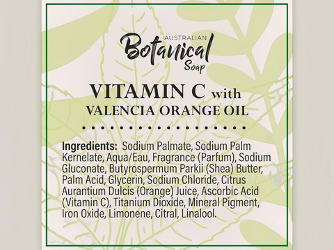 Label for Australian Botanical Soap with Vitamin C and Valencia Orange Oil, featuring a green border and leaf design.