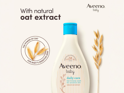 Back of Aveeno Baby Wash bottle showing ingredients and safety warnings.