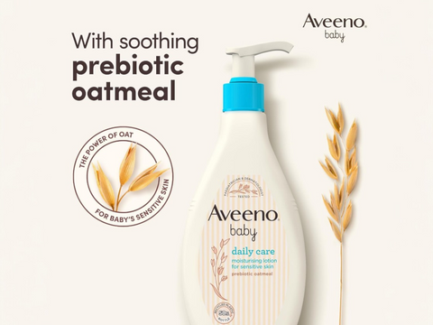 Back of Aveeno Baby Lotion bottle showing ingredients and instructions.