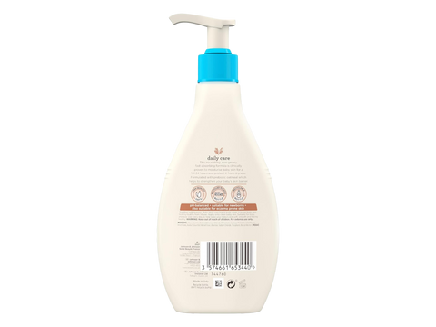Back of Aveeno Baby Lotion bottle showing ingredients, barcode and instructions.
