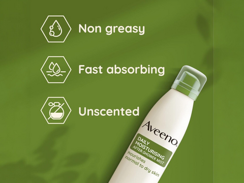 Aveeno Daily Moisturising After-Shower Mist spray can, 200ml, for sensitive skin.