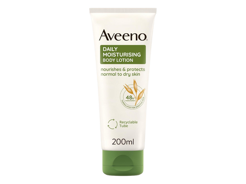 Aveeno Daily Moisturising Body Lotion bottle, 200ml, with Colloidal Oatmeal, shown on a simple background.