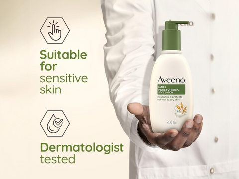 Aveeno Daily Moisturising Body Lotion 300ml pump bottle, fragrance-free variant.