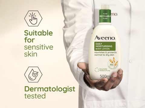 Aveeno Daily Moisturising Body Lotion pump bottle, 500ml, fragrance-free for sensitive skin.