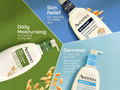 White background product barcode and details for Aveeno Daily Moisturising Lotion variants.