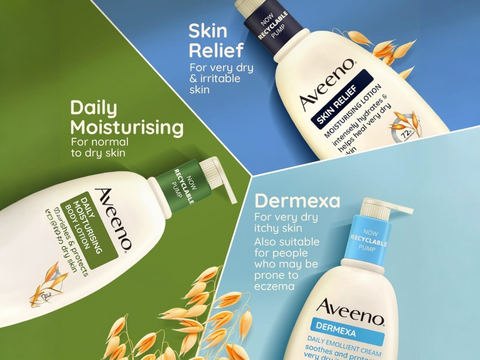 White background product barcode and details for Aveeno Daily Moisturising Lotion variants.