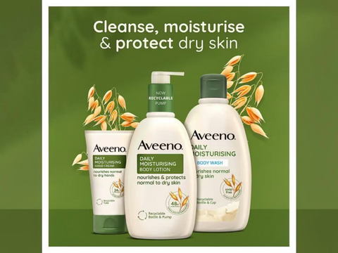 Aveeno skincare products on a green background with text 'Cleanse, moisturise & protect dry skin'.