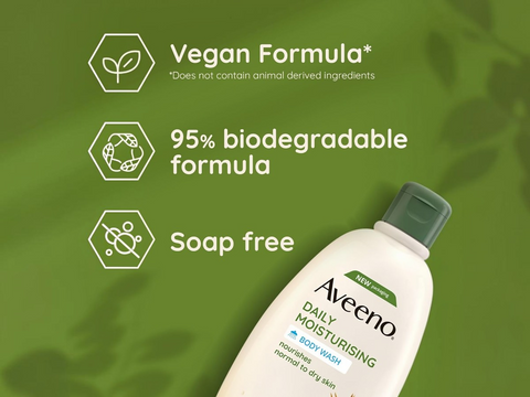 Aveeno body wash bottle with green background and sustainability features highlighted