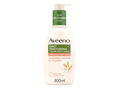 Aveeno Daily Moisturising Yogurt Body Cream pump bottle, 300ml, with apricot and honey.
