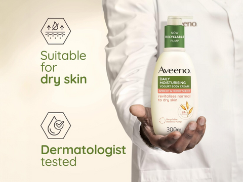 Aveeno Daily Moisturising Yogurt Body Cream pump bottle, 300ml, with apricot and honey.